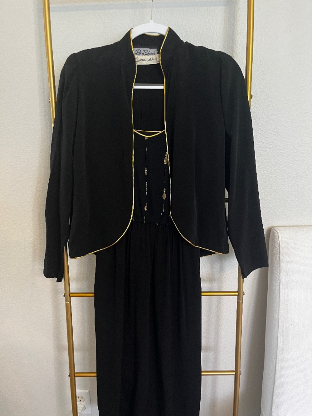 Vintage Pat Richards Lillie Rubin 2 Piece Evening Dress Jacket Set Black Gold